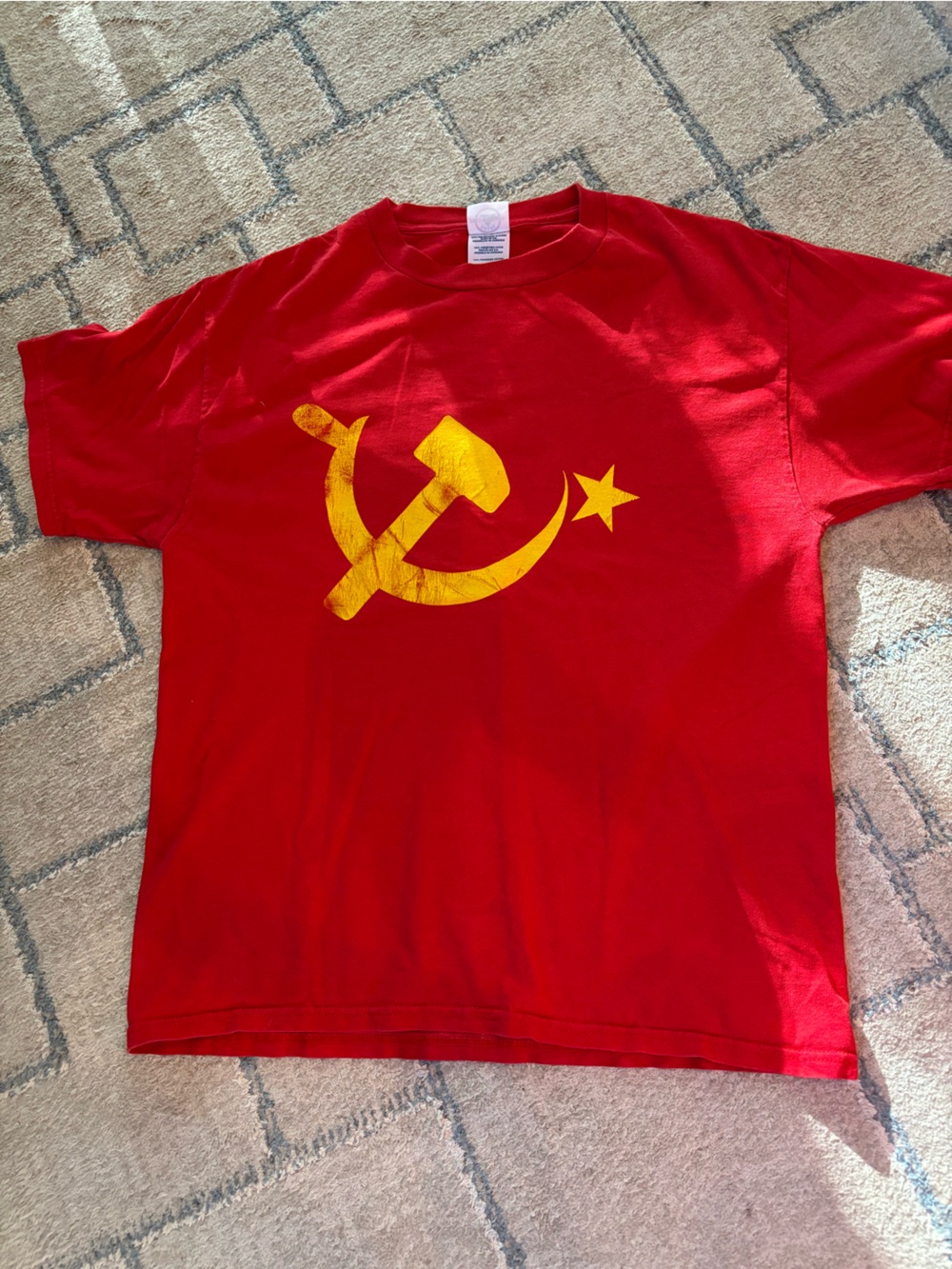 Vintage Red Graphic Tee with Yellow Hammer & Sickle Print